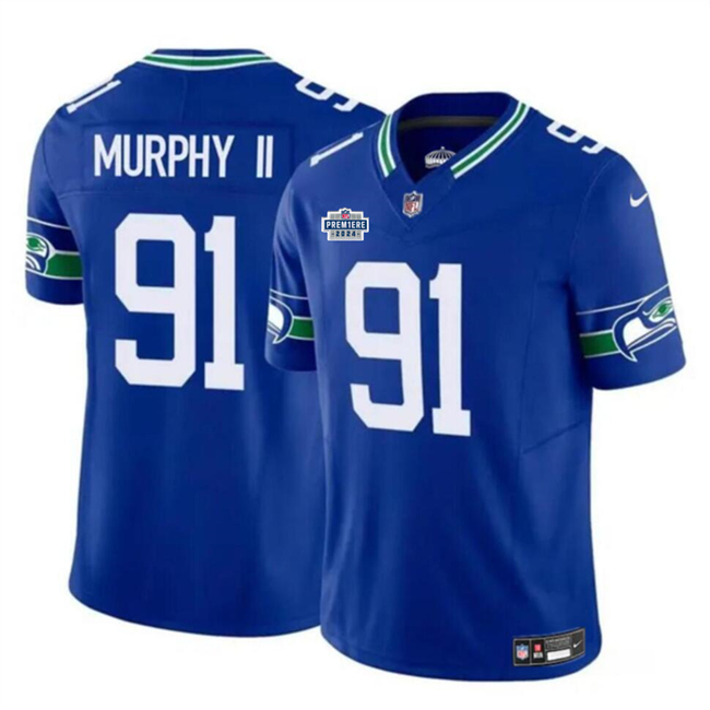 Men's Seattle Seahawks #91 Byron Murphy II Royal 2024 With Dradt Patch F.U.S.E Throwback Vapor Limited Stitched Football Jersey