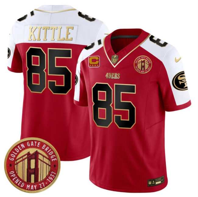 Men's San Francisco 49ers #85 George Kittle Red_White F.U.S.E. With 4-Star C Patch Golden Gate Bridge Patch Alternate Vapor Limited Stitched Football Jersey