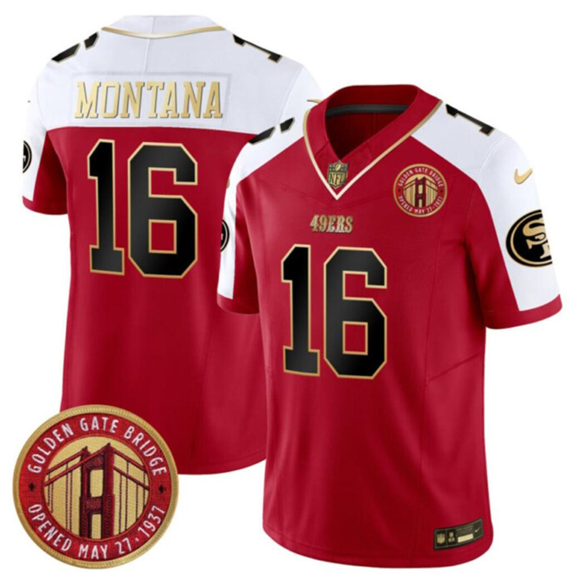 Men's San Francisco 49ers #16 Joe Montana Red_White F.U.S.E. Golden Gate Bridge Patch Alternate Vapor Limited Stitched Football Jersey