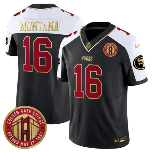 Men's San Francisco 49ers #16 Joe Montana Balck_White F.U.S.E. Golden Gate Bridge Patch Alternate Vapor Limited Stitched Football Jersey