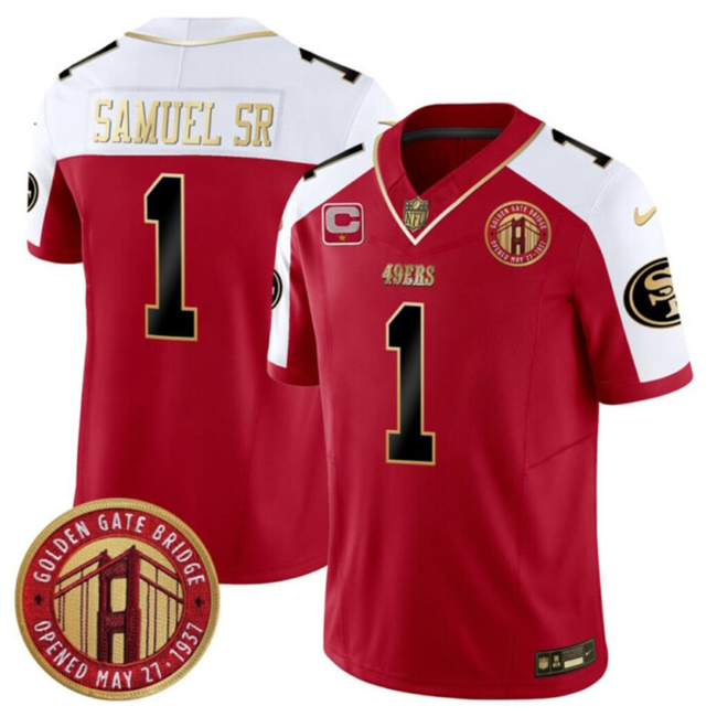 Men's San Francisco 49ers #1 Deebo Samuel Sr. Red_White F.U.S.E. With 1-Star C Patch And Golden Gate Bridge Patch Alternate Vapor Limited Stitched Football Jersey