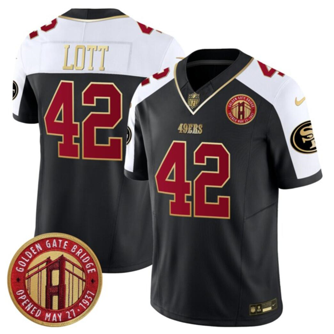 Men's San Francisco 49ers #42 Ronnie Lott Balck_White F.U.S.E. Golden Gate Bridge Patch Alternate Vapor Limited Stitched Football Jersey