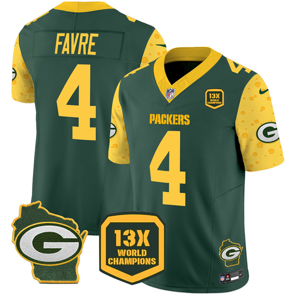 Men's Green Bay Packers #4 Brett Favre Cheese Green 2024 F.U.S.E. 13 Time World Champions And Home Patch Vapor Untouchable Limited Stitched Football Jersey