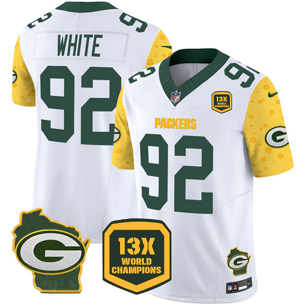 Men's Green Bay Packers #92 Reggie White Cheese White 2024 F.U.S.E. 13 Time World Champions And Home Patch Vapor Untouchable Limited Stitched Football Jersey