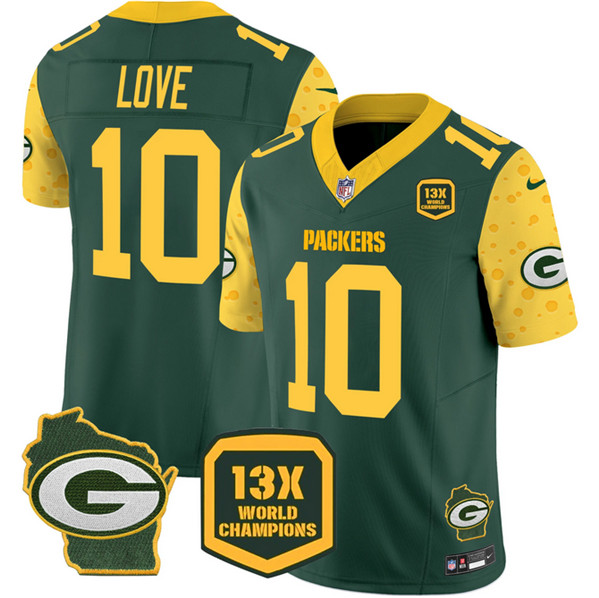 Men's Green Bay Packers #10 Jordan Love Cheese Green 2024 F.U.S.E. 13 Time World Champions And Home Patch Vapor Untouchable Limited Stitched Football Jersey