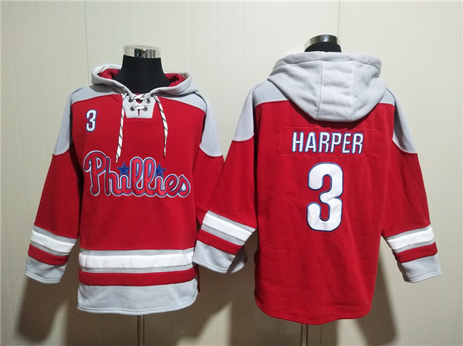 Men's Philadelphia Phillies #3 Bryce Harper Red Ageless Must-Have Lace-Up Pullover Hoodie