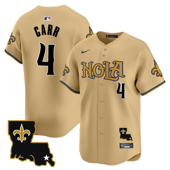 Men's New Orleans Saints #4 Derek Carr Gold Cool Base Stitched Baseball Jersey