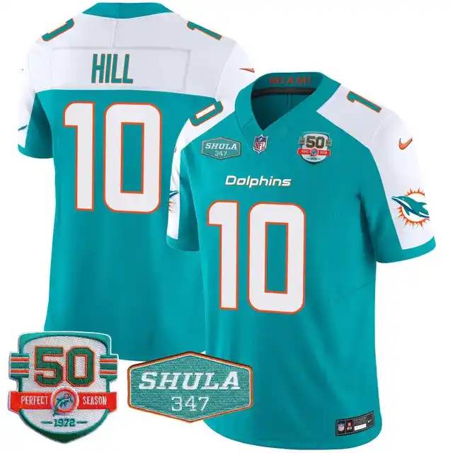 Men's Miami Dolphins #10 Tyreek Hill Aqua F.U.S.E With 347 Shula Patch And 50th Perfect Season Patch Vapor Limited Stitched Football Jersey