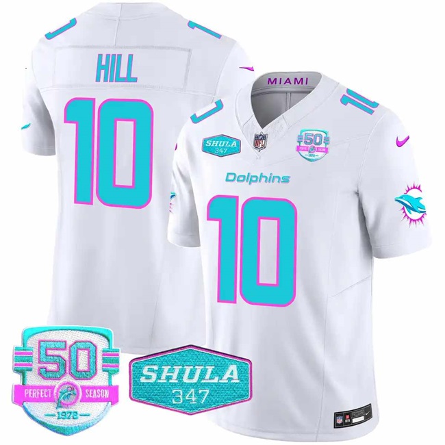 Men's Miami Dolphins #10 Tyreek Hill White F.U.S.E With 347 Shula Patch And 50th Perfect Season Patch Vapor Limited Stitched Football Jersey