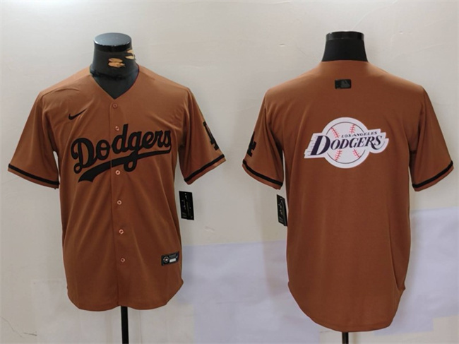 Men's Los Angeles Dodgers Big Team Logo Brown Cool Base With Patch Stitched Baseball Jersey