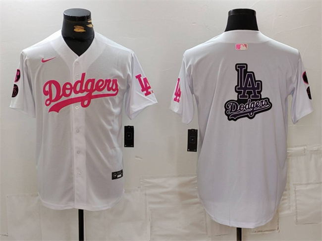 Men's Los Angeles Dodgers Team Big Logo White Pink Vin & Kobe Patch Stitched Baseball Jersey