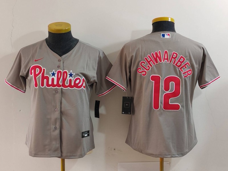 Youth Philadelphia Phillies #12 Kyle Schwarber Grey Cool Base Stitched Baseball Jersey