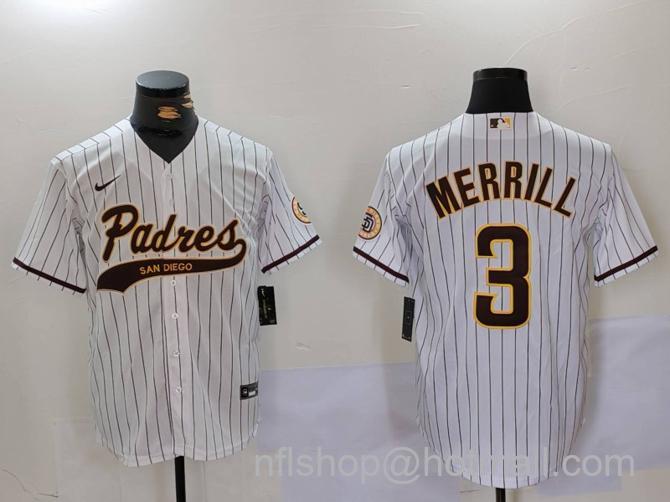 Men's San Diego Padres #3 Jackson Merrill White Cool Base Stitched Baseball Jersey