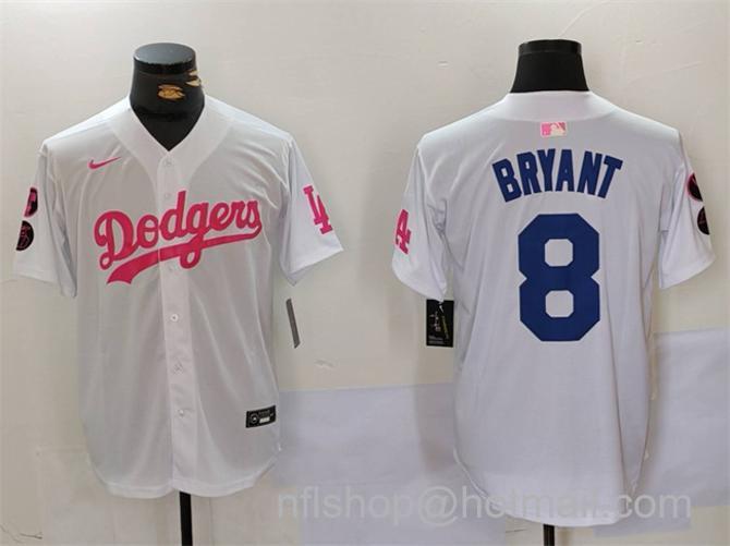 Men's Los Angeles Dodgers #8 Kobe Bryant White_Pink Vin & Kobe Patch Stitched Baseball Jersey