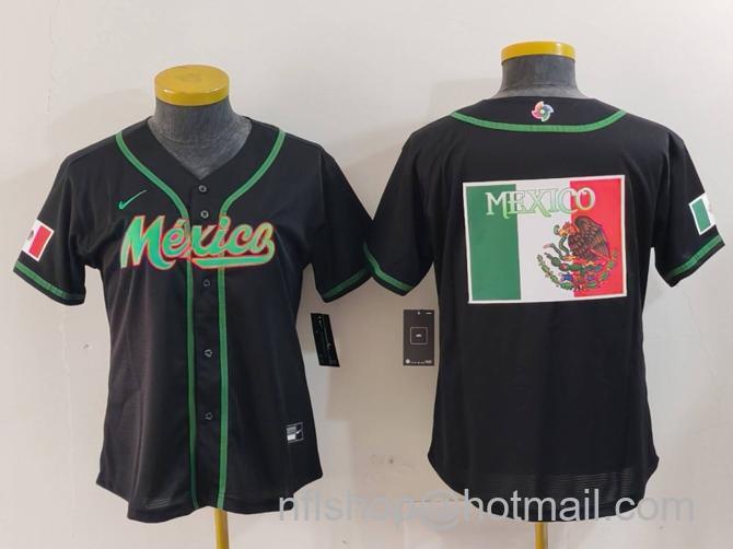 Women's Mexico Baseball Big Team Logo 2023 Black World Baseball Classic Stitched Jersey(Run Small)