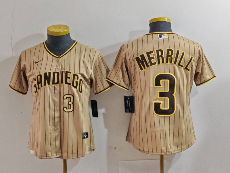 Women's San Diego Padres #3 Jackson Merrill Number Tan Cool Base Stitched Baseball Jersey(Run Small)