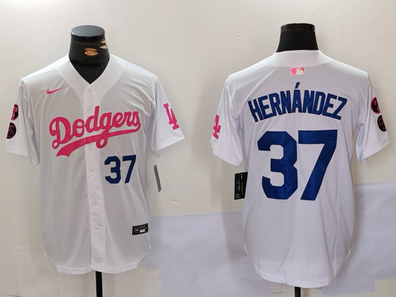 Men's Los Angeles Dodgers #37 Teoscar Hernández White Pink Vin & Kobe Patch Stitched Baseball Jerseys