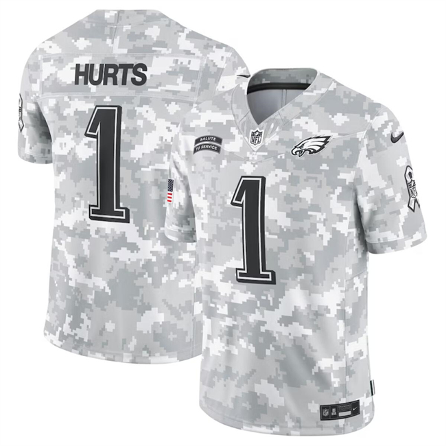 Men's Philadelphia Eagles #1 Jalen Hurts 2024 F.U.S.E Arctic Camo Salute to Service Limited Stitched Football Jersey