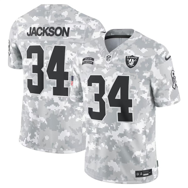 Men's Las Vegas Raiders #34 Bo Jackson 2024 F.U.S.E Arctic Camo Salute to Service Limited Stitched Football Jersey