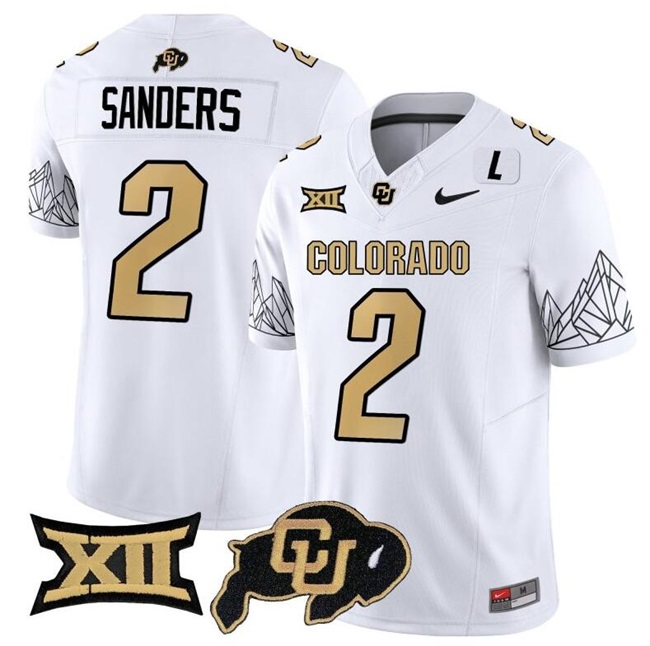 Men's Colorado Buffaloes #2 Shadeur Sanders White 2023 F.U.S.E. With Big 12 XII Patch Stitched Football Jersey