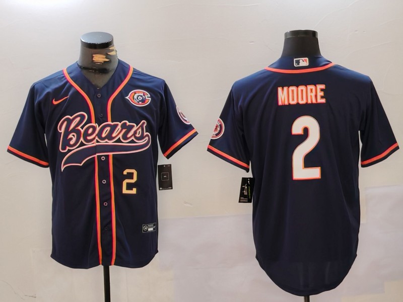 Men's Chicago Bears #2 DJ Moore Navy Throwback With Patch Cool Base Stitched Baseball Jerseys