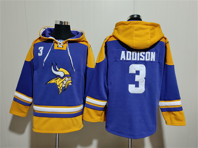 Men's Minnesota Vikings #3 Jordan Addison Purple_Yellow Ageless Must-Have Lace-Up Pullover Hoodie