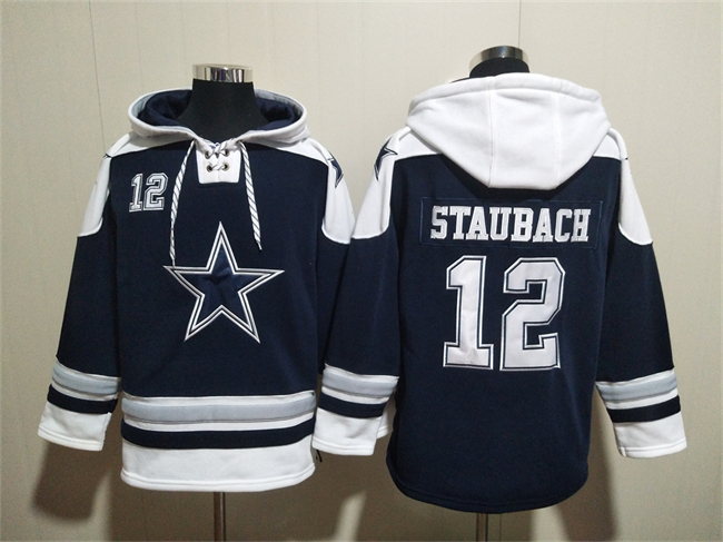 Men's Dallas Cowboys #12 Roger Staubach Navy Ageless Must-Have Lace-Up Pullover Hoodie