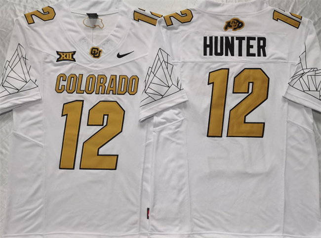 Men's Colorado Buffaloes #12 Travis Hunter White With Big 12 XII Patch 2024 F.U.S.E College Football Stitched Jersey