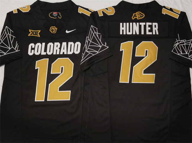 Men's Colorado Buffaloes #12 Travis Hunter Black With Big 12 XII Patch 2024 F.U.S.E College Football Stitched Jersey