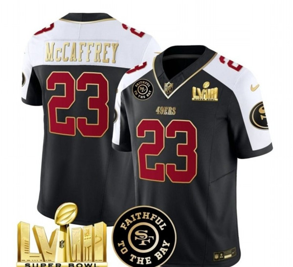 Men's San Francisco 49ers #23 Christian McCaffrey Black White 2024 F.U.S.E. Super Bowl LVIII Patch Alternate Vapor Limited Football Stitched Jersey