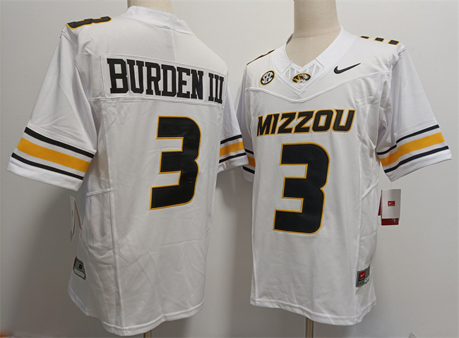 Men's Missouri Tigers #3 Luther Burden III 2023 F.U.S.E. White Rose Bowl Patch Stitched Jersey