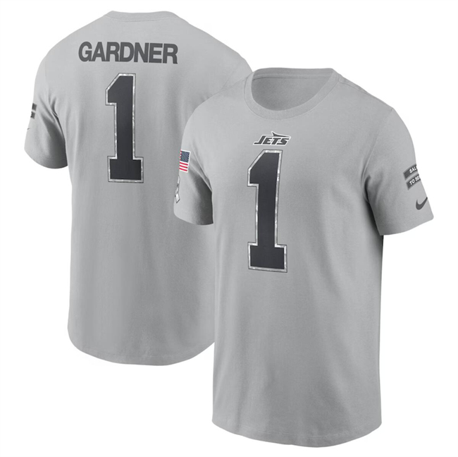 Men's New York Jets #1 Ahmad Sauce Gardner 2024 Gray Salute To Service Name & Number T-Shirt