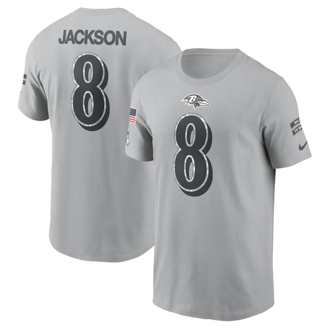 Men's Baltimore Ravens #8 Lamar Jackson 2024 Gray Salute To Service Name & Number T-Shirt