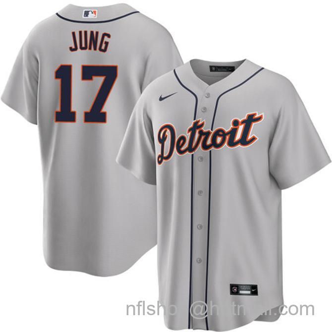 Jace Jung Men's #17 Detroit Tigers Road Nike Stitched Baseball Jersey Gray