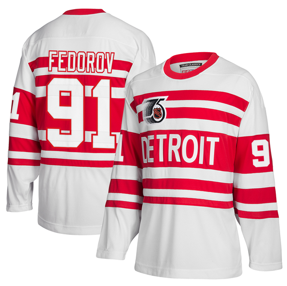 Men's Detroit Red Wings #19 Sergei Fedorov White CCM 1991-92 75th Anniversary Team Classics Hockey Stitched NHL Jersey