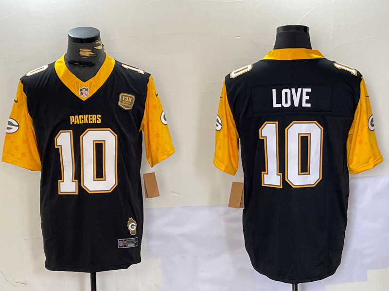 Men's Green Bay Packers #10 Jordan Love Black White Gold 2024 F.U.S.E. Home Patch Vapor Untouchable Limited Stitched Jersey