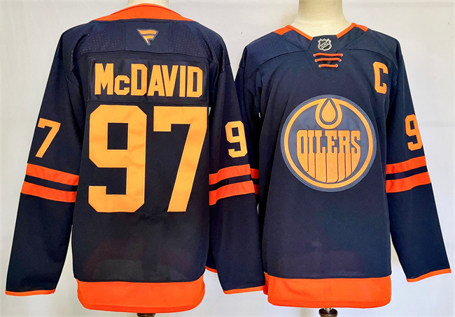 Men's Edmonton Oilers #97 Connor McDavid Navy 2024-25 With C Patch Stitched Hockey Jersey