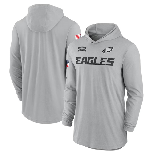 Men's Philadelphia Eagles 2024 Gray Salute to Service Lightweight Performance Long Sleeve Hooded T-Shirt