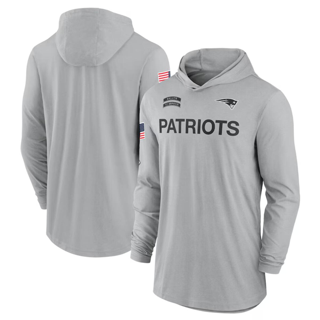 Men's New England Patriots 2024 Gray Salute to Service Lightweight Performance Long Sleeve Hooded T-Shirt