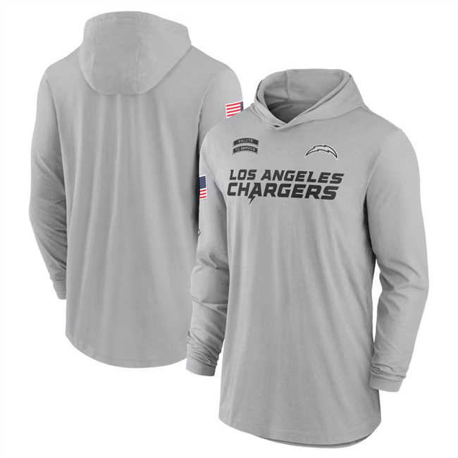 Men's Los Angeles Chargers 2024 Gray Salute to Service Lightweight Performance Long Sleeve Hooded T-Shirt