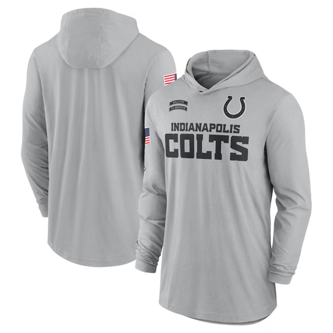 Men's Indianapolis Colts 2024 Gray Salute to Service Lightweight Performance Long Sleeve Hooded T-Shirt