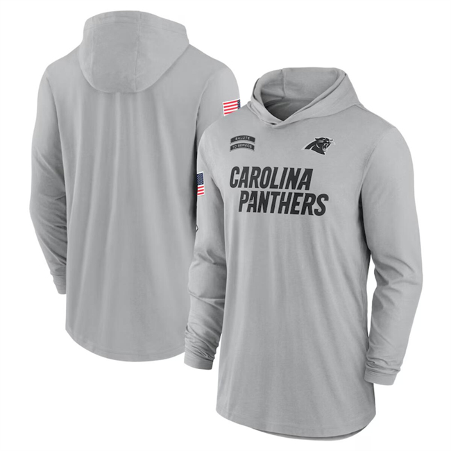 Men's Carolina Panthers 2024 Gray Salute to Service Lightweight Performance Long Sleeve Hooded T-Shirt