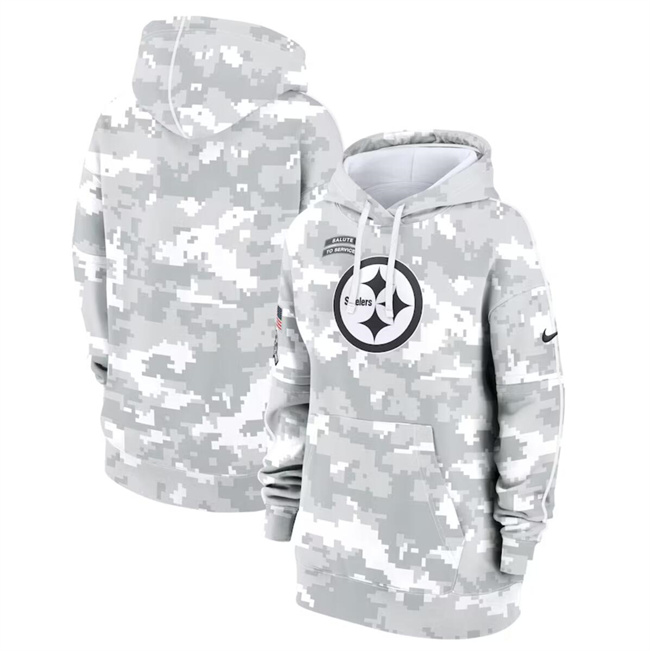 Women's Pittsburgh Steelers 2024 Arctic Camo Salute To Service Club Fleece Pullover Hoodie(Run Small)