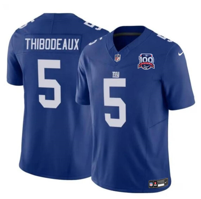 Men's New York Giants #5 Kayvon Thibodeaux Blue 2024 F.U.S.E. 100TH Season Patch Vapor Untouchable Limited Stitched Jersey