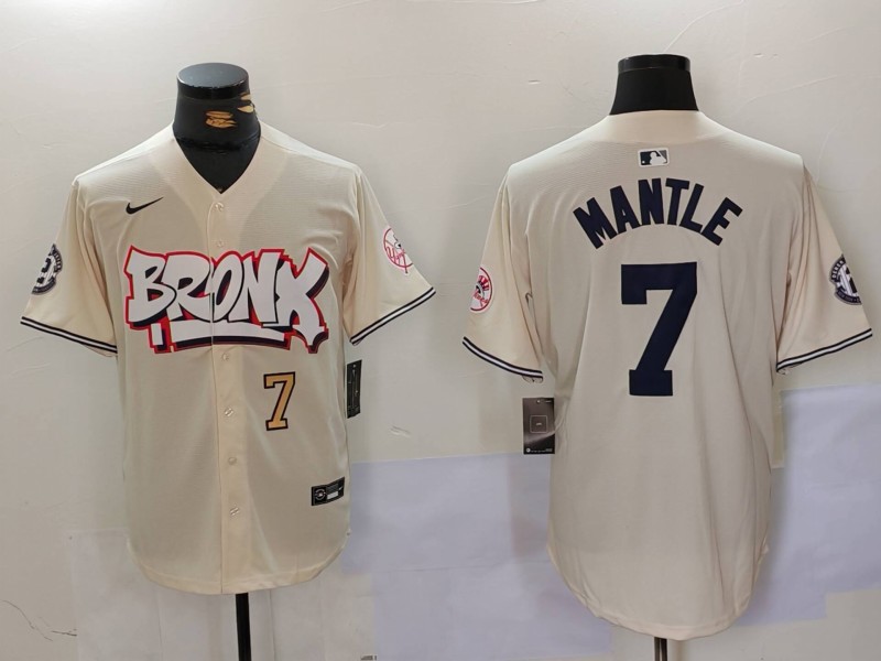 Men's New York Yankees #7 Mickey Mantle Cream The Bronx Graffiti V2 Vapor Limited Stitched Baseball Jersey