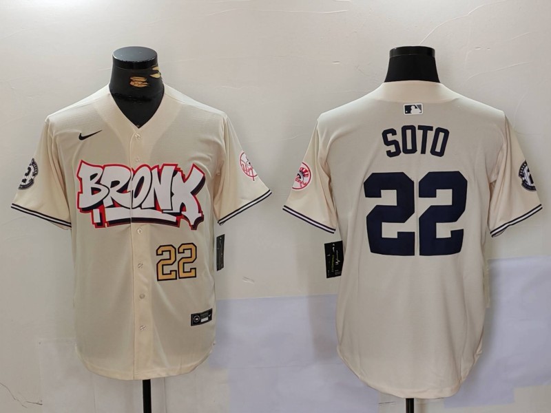 Men's New York Yankees #22 Juan Soto Cream The Bronx Graffiti V2 Vapor Limited Stitched Baseball Jersey