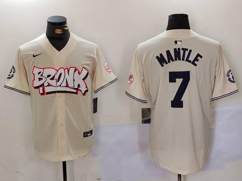 Men's New York Yankees #7 Mickey Mantle Cream The Bronx Graffiti Vapor Limited Stitched Baseball Jersey V2