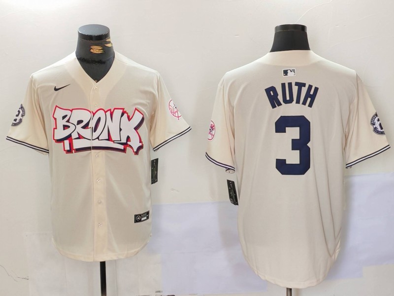 Men's New York Yankees #3 Babe Ruth Cream The Bronx Graffiti Vapor Limited Stitched Baseball Jersey V2