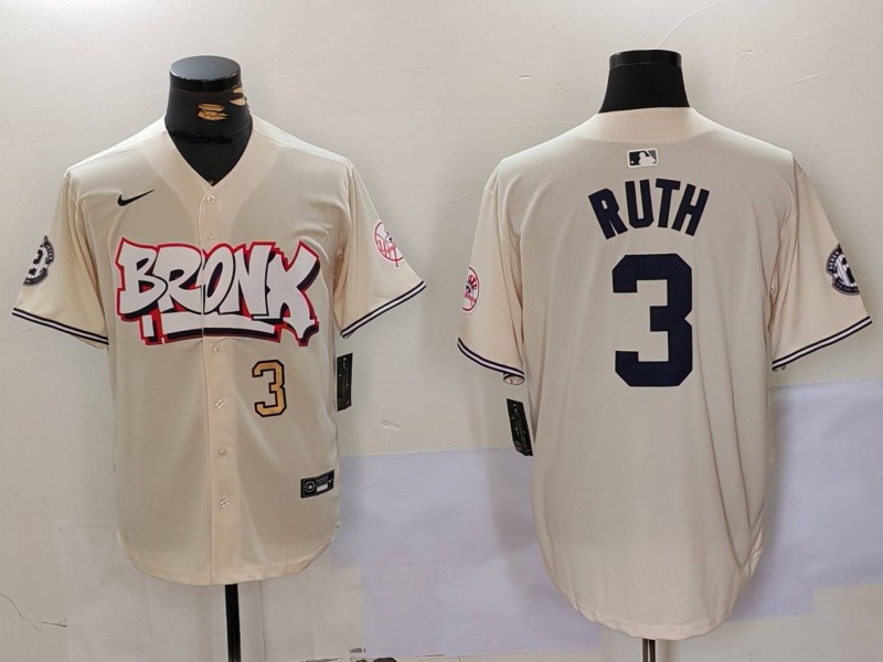 Men's New York Yankees #3 Babe Ruth Cream The Bronx Graffiti V2 Vapor Limited Stitched Baseball Jersey