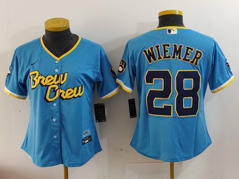 Women's Milwaukee Brewers #28 Joey Wiemer Blue 2022 City Connect Cool Base Stitched Jersey